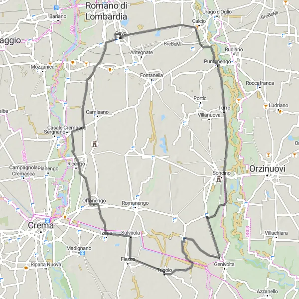 Miniatura della mappa di ispirazione al ciclismo "Giro in bici da Covo a Ricengo e ritorno" nella regione di Lombardia, Italy. Generata da Tarmacs.app, pianificatore di rotte ciclistiche