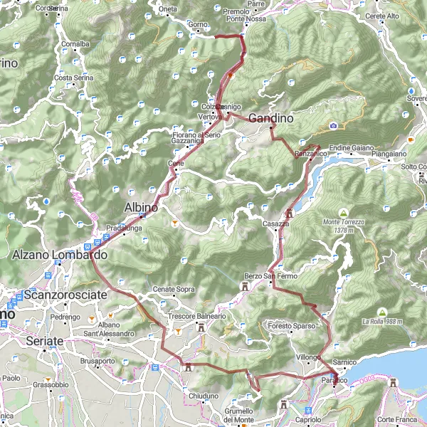 Map miniature of "Gandosso - Albino Gravel Loop" cycling inspiration in Lombardia, Italy. Generated by Tarmacs.app cycling route planner