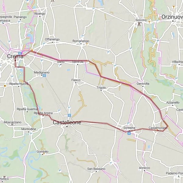 Miniaturní mapa "Gravelový okruh kolem Crema" inspirace pro cyklisty v oblasti Lombardia, Italy. Vytvořeno pomocí plánovače tras Tarmacs.app