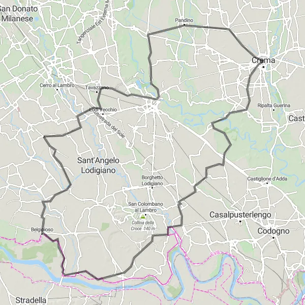 Mapa miniatúra "Kruhová cyklistická trasa z Crema cez Cavenago d'Adda, Livraga, Badia Pavese, Belgioioso, Lodi Vecchio, Lodi, Spino d’Adda a Palazzo Pretorio" cyklistická inšpirácia v Lombardia, Italy. Vygenerované cyklistickým plánovačom trás Tarmacs.app