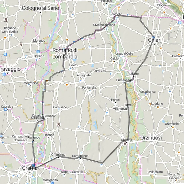 Map miniature of "Crema Countryside Road Loop" cycling inspiration in Lombardia, Italy. Generated by Tarmacs.app cycling route planner