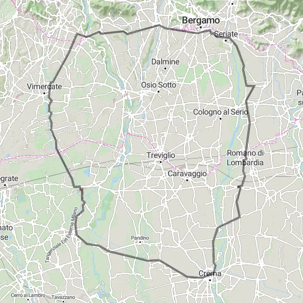 Miniatura della mappa di ispirazione al ciclismo "Strade di Campagna tra Bergamo e Cremona" nella regione di Lombardia, Italy. Generata da Tarmacs.app, pianificatore di rotte ciclistiche