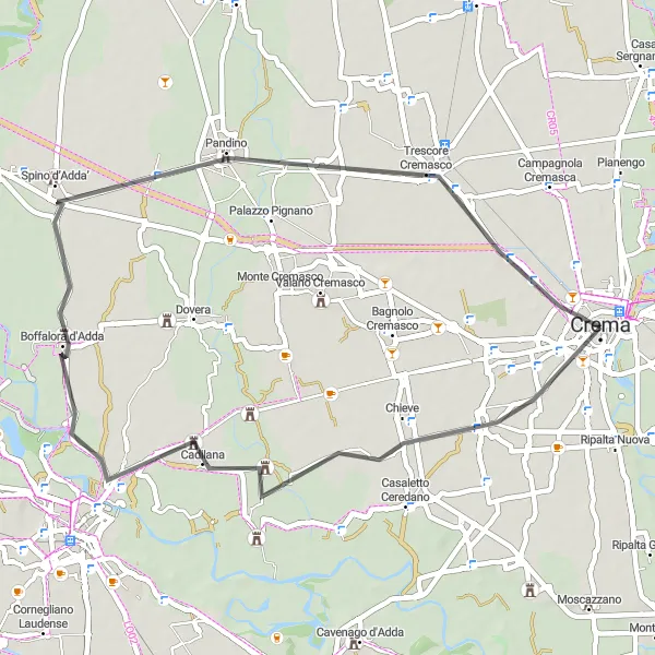 Kartminiatyr av "Runt Crema på landsvägen" cykelinspiration i Lombardia, Italy. Genererad av Tarmacs.app cykelruttplanerare