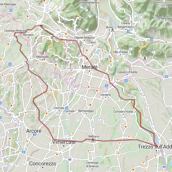 Map miniature of "Gravel Ride to Collina dei Cipressi" cycling inspiration in Lombardia, Italy. Generated by Tarmacs.app cycling route planner