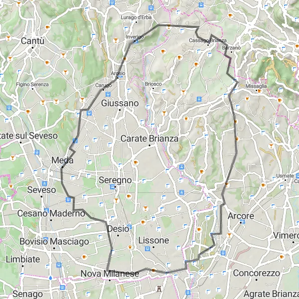 Map miniature of "Beautiful countryside ride near Cremella" cycling inspiration in Lombardia, Italy. Generated by Tarmacs.app cycling route planner