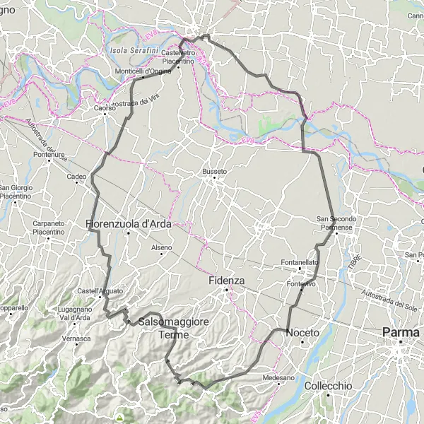 Miniatua del mapa de inspiración ciclista "Ruta de ciclismo de carretera desde Cremona a través de San Daniele Po, Salsomaggiore Terme y Cremona" en Lombardia, Italy. Generado por Tarmacs.app planificador de rutas ciclistas