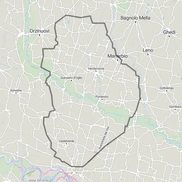 Miniatua del mapa de inspiración ciclista "Ruta de ciclismo de carretera desde Cremona a través de Pompiano, Dello y Cremona" en Lombardia, Italy. Generado por Tarmacs.app planificador de rutas ciclistas
