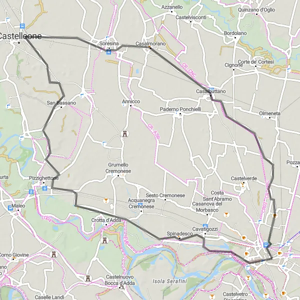 Miniatua del mapa de inspiración ciclista "Ruta de Ciclismo de Carretera por Cremona y alrededores" en Lombardia, Italy. Generado por Tarmacs.app planificador de rutas ciclistas