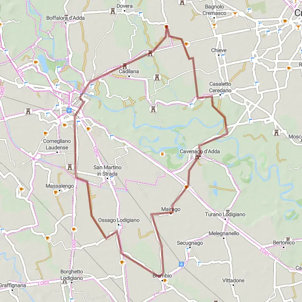 Miniaturní mapa "Gravelová cyklotrasa okolo Crespiatica" inspirace pro cyklisty v oblasti Lombardia, Italy. Vytvořeno pomocí plánovače tras Tarmacs.app