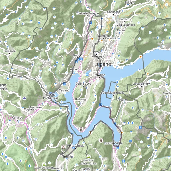 Miniatua del mapa de inspiración ciclista "Ruta a Monte Castelletto y Porto Ceresio" en Lombardia, Italy. Generado por Tarmacs.app planificador de rutas ciclistas