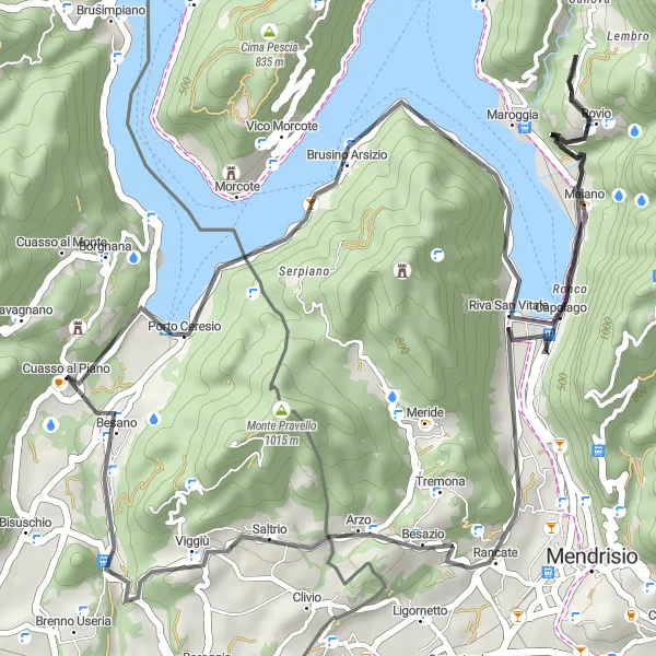 Miniaturní mapa "Scenic Road Cycling Loop near Cuasso al Piano" inspirace pro cyklisty v oblasti Lombardia, Italy. Vytvořeno pomocí plánovače tras Tarmacs.app