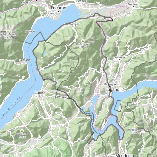 Karttaminiaatyyri "Cuasso al Piano - Monte Clivio - Gerra - Cadenazzo - Monte San Salvatore - Melano - Colle San Martino" pyöräilyinspiraatiosta alueella Lombardia, Italy. Luotu Tarmacs.app pyöräilyreittisuunnittelijalla