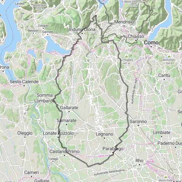 Miniaturní mapa "Cyklotrasa pro zážitek kolem Cuasso al Piano" inspirace pro cyklisty v oblasti Lombardia, Italy. Vytvořeno pomocí plánovače tras Tarmacs.app