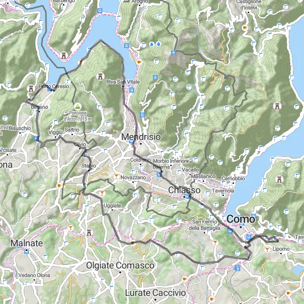 Kartminiatyr av "Utforsk Monte Olimpino og Monte Cucco på sykkel" sykkelinspirasjon i Lombardia, Italy. Generert av Tarmacs.app sykkelrutoplanlegger