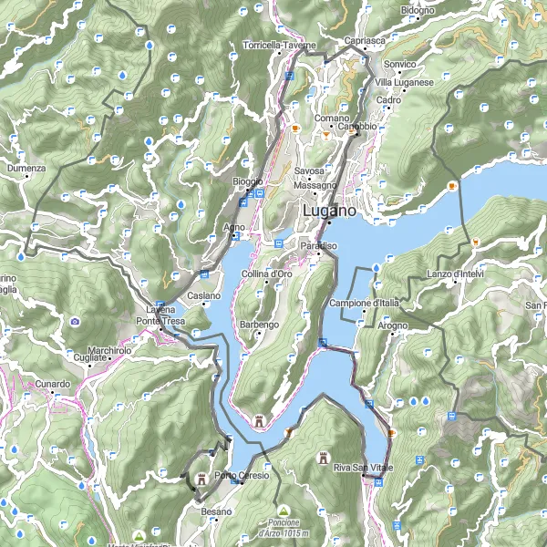 Zemljevid v pomanjšavi "Kolesarska pot okoli Cuasso al Piano" kolesarske inspiracije v Lombardia, Italy. Generirano z načrtovalcem kolesarskih poti Tarmacs.app