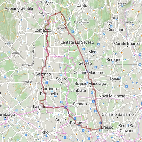 Mapa miniatúra "Gravelová trasa cez Saronno" cyklistická inšpirácia v Lombardia, Italy. Vygenerované cyklistickým plánovačom trás Tarmacs.app