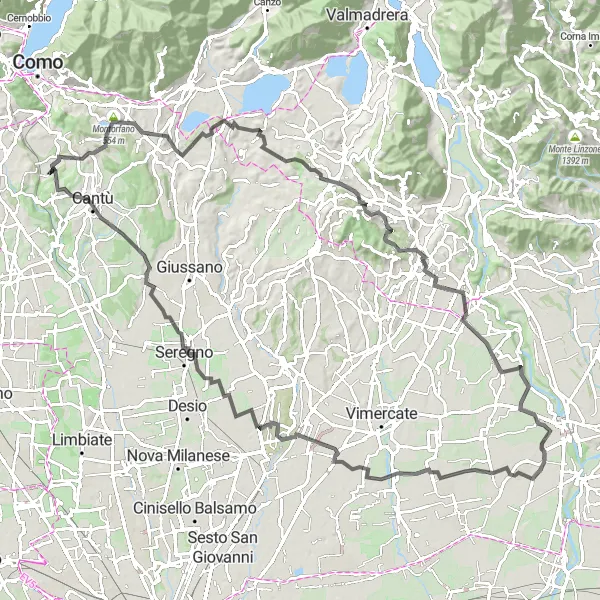 Miniature de la carte de l'inspiration cycliste "Challenging Road Loop from Cucciago" dans la Lombardia, Italy. Générée par le planificateur d'itinéraire cycliste Tarmacs.app