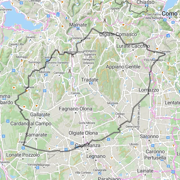 Map miniature of "San Macario and Monte Martino" cycling inspiration in Lombardia, Italy. Generated by Tarmacs.app cycling route planner