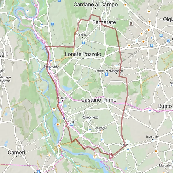 Miniatuurkaart van de fietsinspiratie "Gravel avontuur naar Tornavento en Ferno" in Lombardia, Italy. Gemaakt door de Tarmacs.app fietsrouteplanner