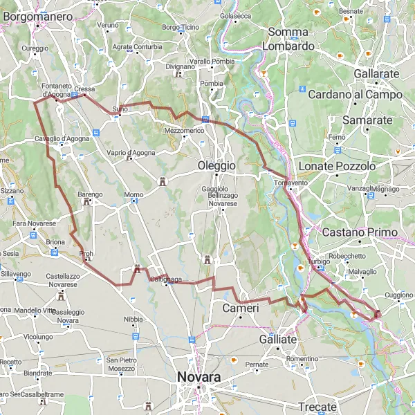 Karten-Miniaturansicht der Radinspiration "Abenteuerliche Rundtour durch Caltignaga und Fontaneto d'Agogna" in Lombardia, Italy. Erstellt vom Tarmacs.app-Routenplaner für Radtouren