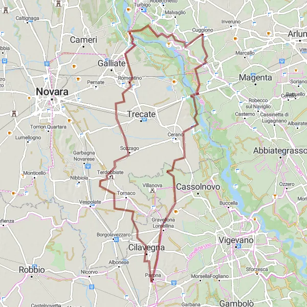 Miniaturní mapa "Scenic Gravel Route to Sozzago and Romentino" inspirace pro cyklisty v oblasti Lombardia, Italy. Vytvořeno pomocí plánovače tras Tarmacs.app