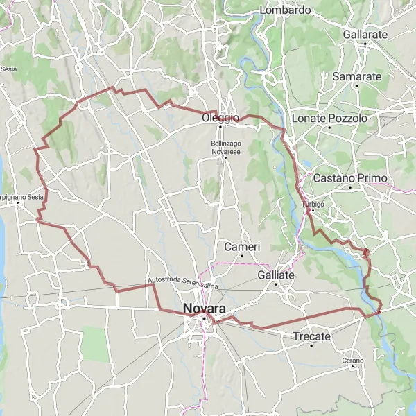 Mapa miniatúra "Gravelový okruh s výhledy na Novaru a Oleggio" cyklistická inšpirácia v Lombardia, Italy. Vygenerované cyklistickým plánovačom trás Tarmacs.app