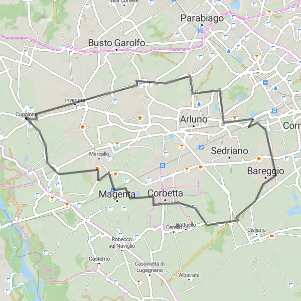 Miniature de la carte de l'inspiration cycliste "Tour de la Campagne de Cuggiono" dans la Lombardia, Italy. Générée par le planificateur d'itinéraire cycliste Tarmacs.app
