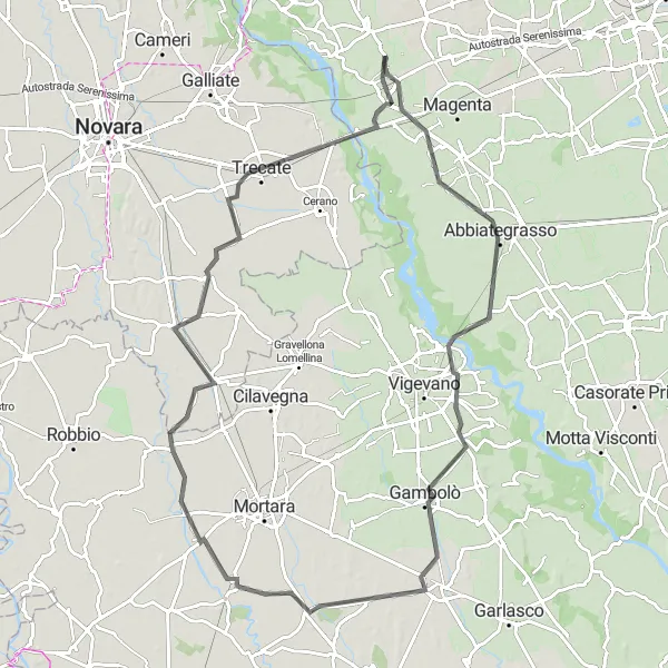 Miniatua del mapa de inspiración ciclista "Ruta de ciclismo de carretera desde Cuggiono a Bernate Ticino" en Lombardia, Italy. Generado por Tarmacs.app planificador de rutas ciclistas