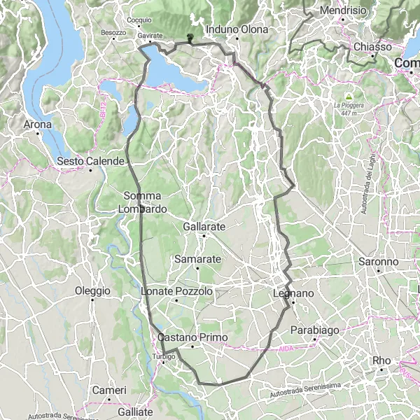 Miniaturní mapa "Road Cycling Adventure to Varese and Legnano" inspirace pro cyklisty v oblasti Lombardia, Italy. Vytvořeno pomocí plánovače tras Tarmacs.app