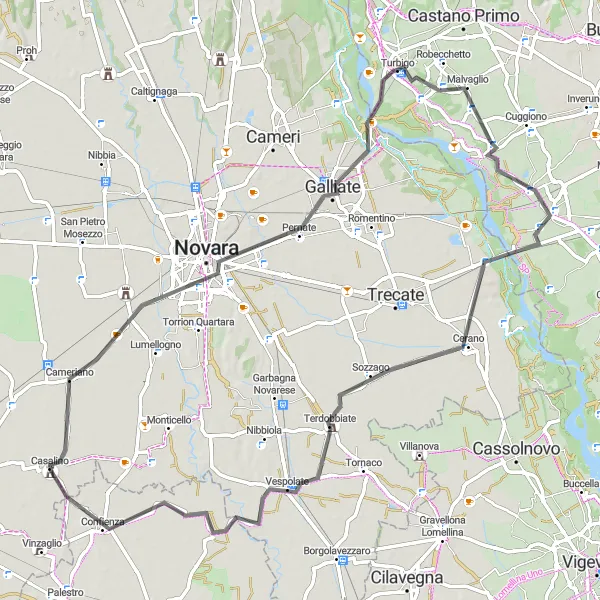 Miniaturekort af cykelinspirationen "Udforsk Bernate Ticino og Novara på en 79 km lang cykeltur" i Lombardia, Italy. Genereret af Tarmacs.app cykelruteplanlægger