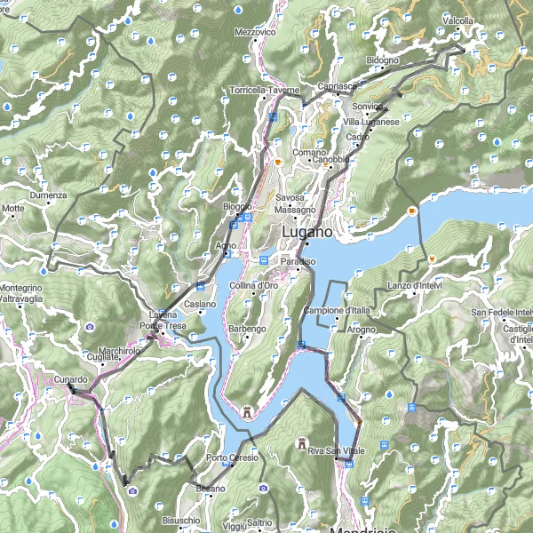 Miniatuurkaart van de fietsinspiratie "Uitdagende klimtocht rond het Lago di Lugano" in Lombardia, Italy. Gemaakt door de Tarmacs.app fietsrouteplanner