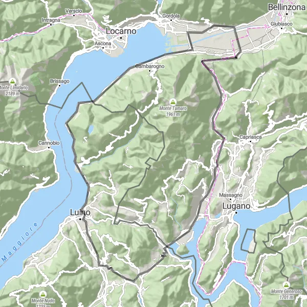 Mapa miniatúra "Okruh kolem Lago Maggiore a Monte Ceneri" cyklistická inšpirácia v Lombardia, Italy. Vygenerované cyklistickým plánovačom trás Tarmacs.app