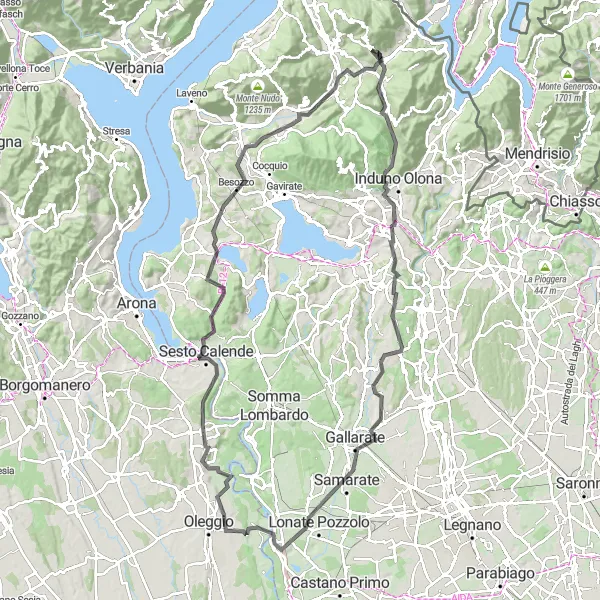 Map miniature of "The Varese Circuit" cycling inspiration in Lombardia, Italy. Generated by Tarmacs.app cycling route planner