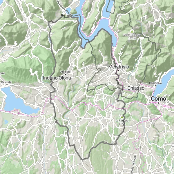Mapa miniatúra "Cyklotúra Monte Caslano" cyklistická inšpirácia v Lombardia, Italy. Vygenerované cyklistickým plánovačom trás Tarmacs.app