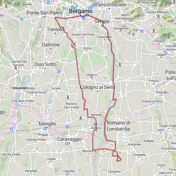 Zemljevid v pomanjšavi "Gravel adventure through Bergamo countryside" kolesarske inspiracije v Lombardia, Italy. Generirano z načrtovalcem kolesarskih poti Tarmacs.app