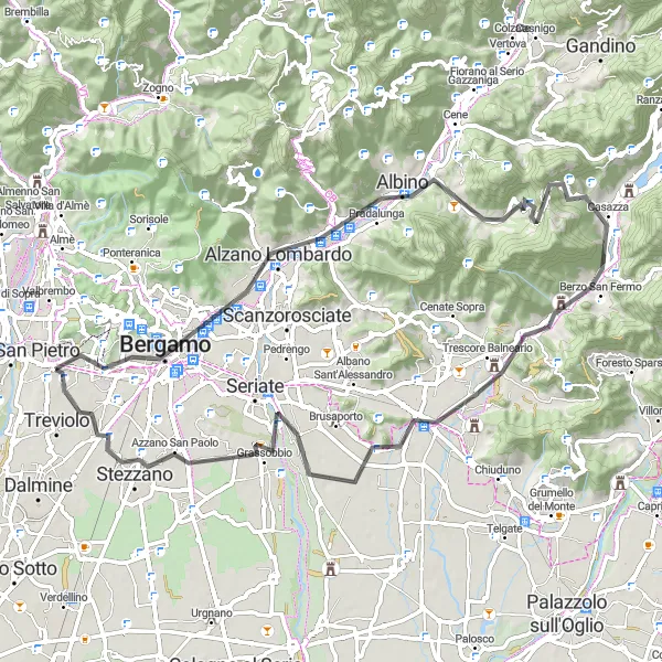 Kartminiatyr av "Curno - Bergamo - Colle Bastia - Colle Gallo - Gaverina Terme - Costa di Mezzate - Colle Alto o Colle San Geminiano - Azzano San Paolo" cykelinspiration i Lombardia, Italy. Genererad av Tarmacs.app cykelruttplanerare