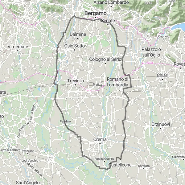 Zemljevid v pomanjšavi "Exploring the countryside near Martinengo" kolesarske inspiracije v Lombardia, Italy. Generirano z načrtovalcem kolesarskih poti Tarmacs.app
