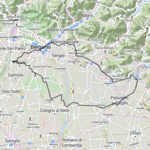 Miniatua del mapa de inspiración ciclista "Ruta de Curno a Treviolo" en Lombardia, Italy. Generado por Tarmacs.app planificador de rutas ciclistas
