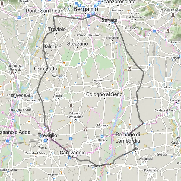 Miniatura della mappa di ispirazione al ciclismo "Giro panoramico delle colline lombarde" nella regione di Lombardia, Italy. Generata da Tarmacs.app, pianificatore di rotte ciclistiche