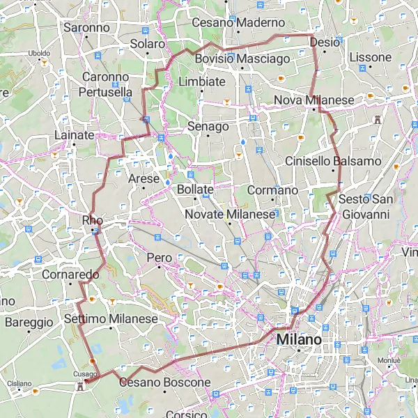 Miniatura della mappa di ispirazione al ciclismo "Percorso in gravels da Cusago a Cornaredo, Nova Milanese e Cesano Boscone" nella regione di Lombardia, Italy. Generata da Tarmacs.app, pianificatore di rotte ciclistiche