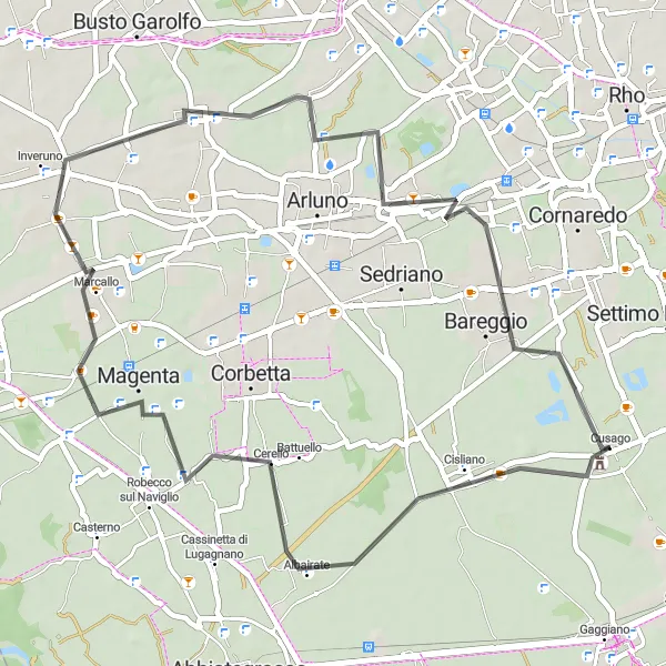 Miniatura della mappa di ispirazione al ciclismo "Albairate - Bareggio Circuit" nella regione di Lombardia, Italy. Generata da Tarmacs.app, pianificatore di rotte ciclistiche