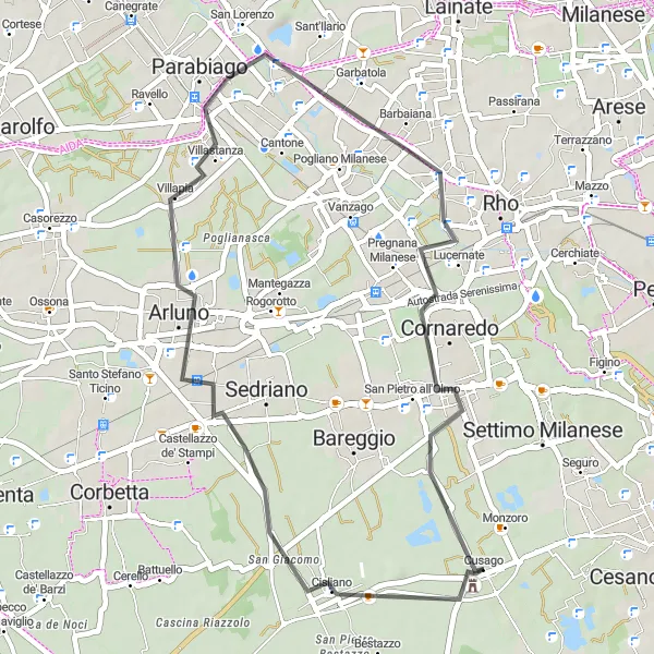 Miniaturní mapa "Road Route Okolo Cusaga" inspirace pro cyklisty v oblasti Lombardia, Italy. Vytvořeno pomocí plánovače tras Tarmacs.app