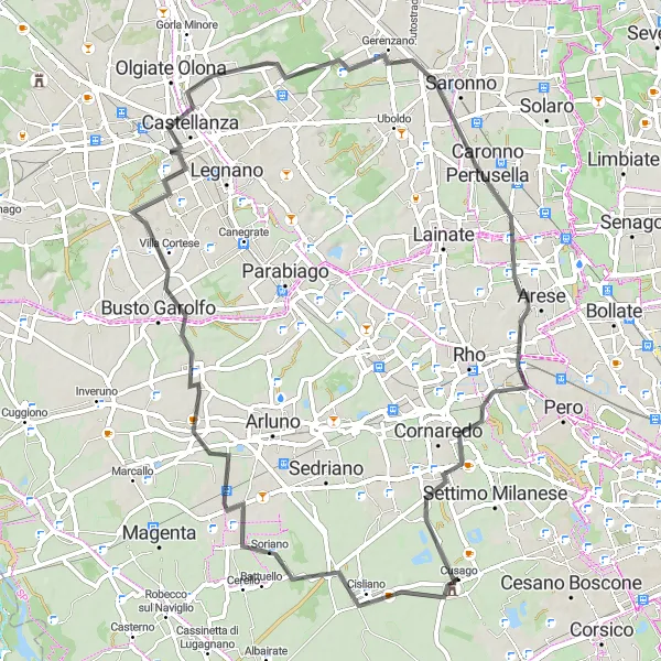 Miniatura della mappa di ispirazione al ciclismo "Giro in bici da Cusago a Corbetta, Ossona e Caronno Pertusella" nella regione di Lombardia, Italy. Generata da Tarmacs.app, pianificatore di rotte ciclistiche