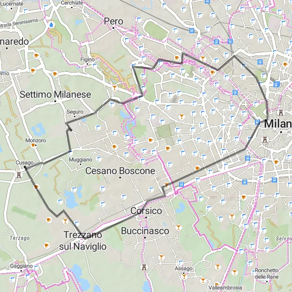 Karttaminiaatyyri "Road to Milan" pyöräilyinspiraatiosta alueella Lombardia, Italy. Luotu Tarmacs.app pyöräilyreittisuunnittelijalla