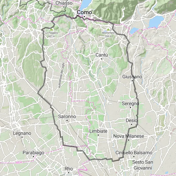 Map miniature of "Challenging Road Cycling Loop near Cusano" cycling inspiration in Lombardia, Italy. Generated by Tarmacs.app cycling route planner