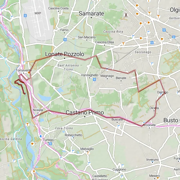 Zemljevid v pomanjšavi "Gravelska pustolovščina od Castano Primo do Lonate Pozzolo" kolesarske inspiracije v Lombardia, Italy. Generirano z načrtovalcem kolesarskih poti Tarmacs.app
