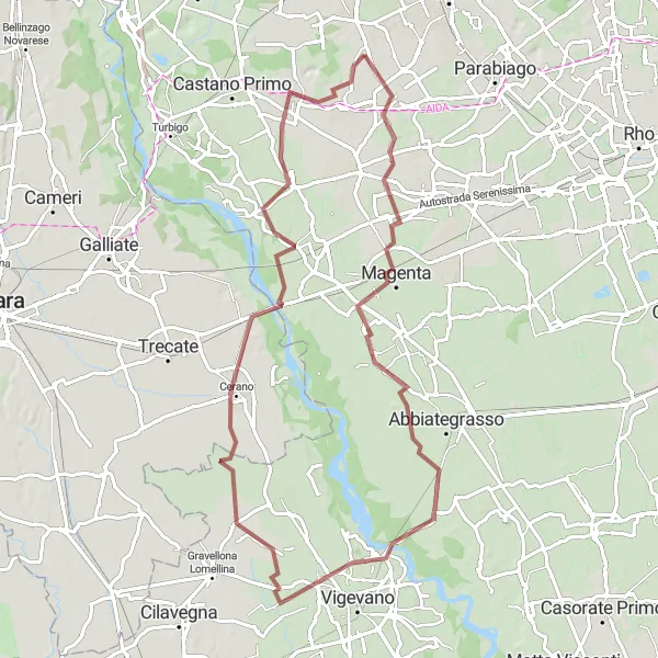 Miniatura della mappa di ispirazione al ciclismo "Vicino a Dairago Gravel Route" nella regione di Lombardia, Italy. Generata da Tarmacs.app, pianificatore di rotte ciclistiche