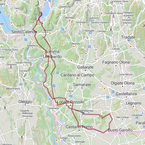 Miniatura della mappa di ispirazione al ciclismo "Esplorazione Gravel delle Colline vicino a Dairago" nella regione di Lombardia, Italy. Generata da Tarmacs.app, pianificatore di rotte ciclistiche