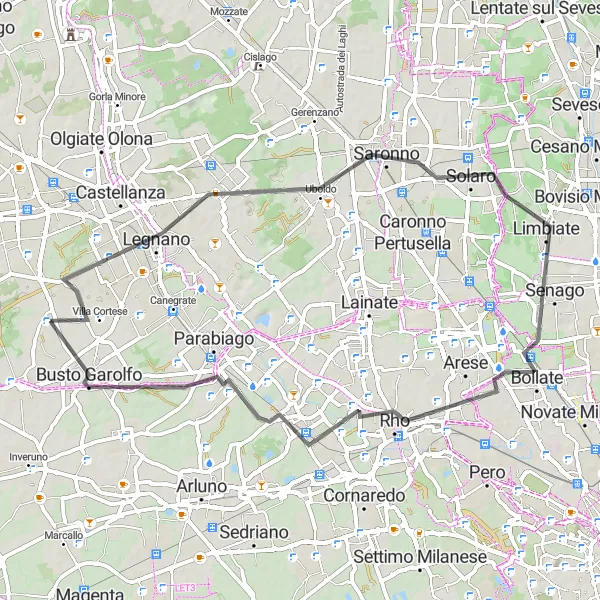 Kartminiatyr av "Eventyr gjennom Legnano, Uboldo og Senago" sykkelinspirasjon i Lombardia, Italy. Generert av Tarmacs.app sykkelrutoplanlegger