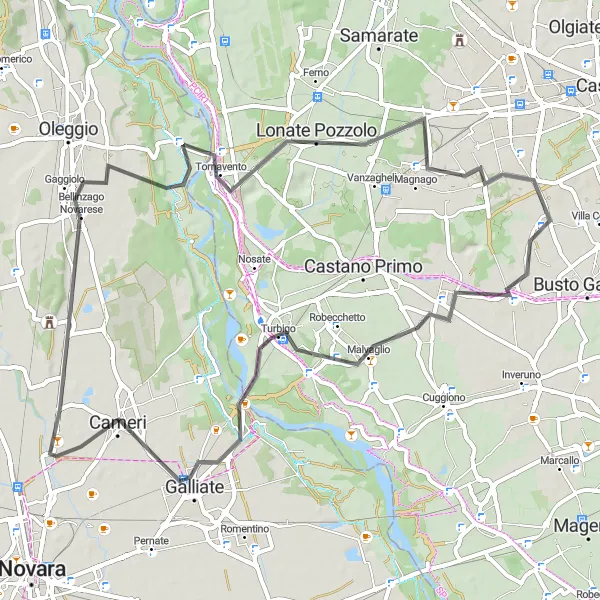 Kartminiatyr av "Sykkeltur til Arconate, Turbigo og Galliate" sykkelinspirasjon i Lombardia, Italy. Generert av Tarmacs.app sykkelrutoplanlegger